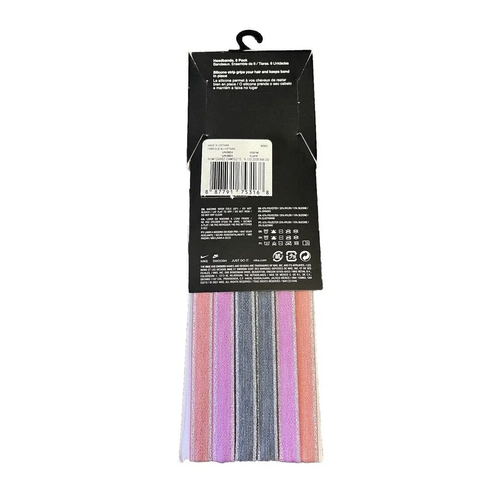 Nike Headband 6 Pack Hair Bands Colorful Silicone Slip Grip NEW